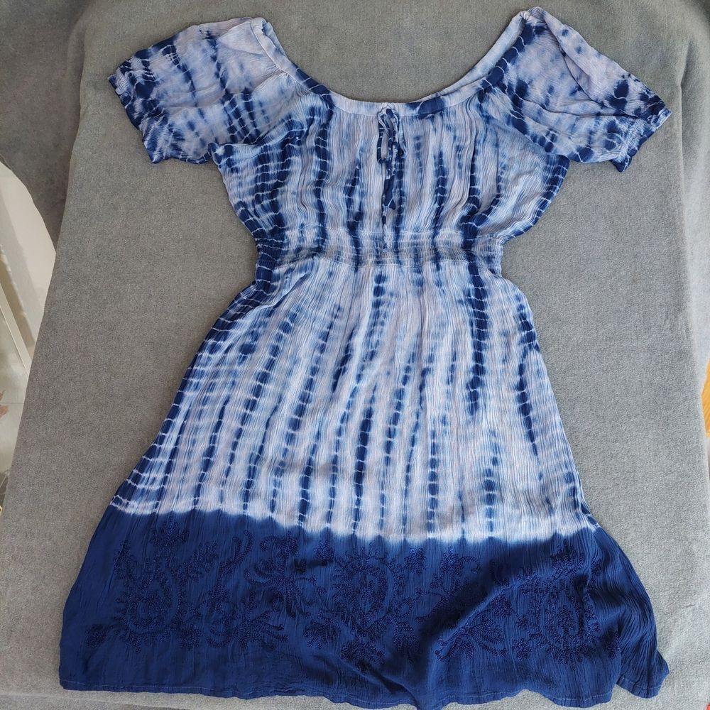 Raya Sun Boho Tie Dye Embroidered Smocked Mini Dress XL Blue White Cotton - Picture 2 of 7